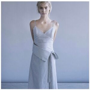 Storia Black White Striped Wrap Front Midi Dress Spaghetti Strap Womens Large